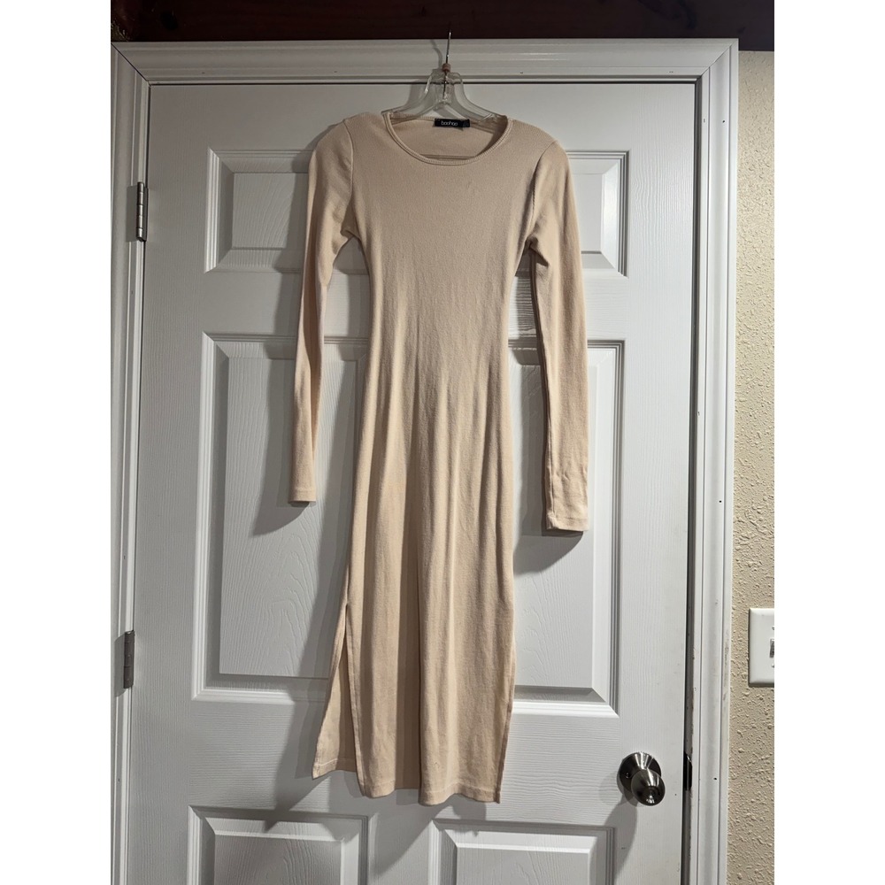 Boohoo Womens Ribbed Long Sleeve Open Back Midi Dress Beige Tan Size 6 Cutout